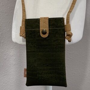 Montado Green Brown Cork Crossbody Cell Phone Bag Purse 7" x 4" Snap Closure EUC
